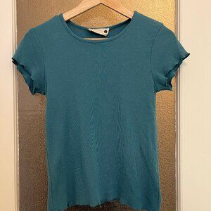 Back Beat Co. Ruffled Short-Sleeve Tee, Teal, Size S.